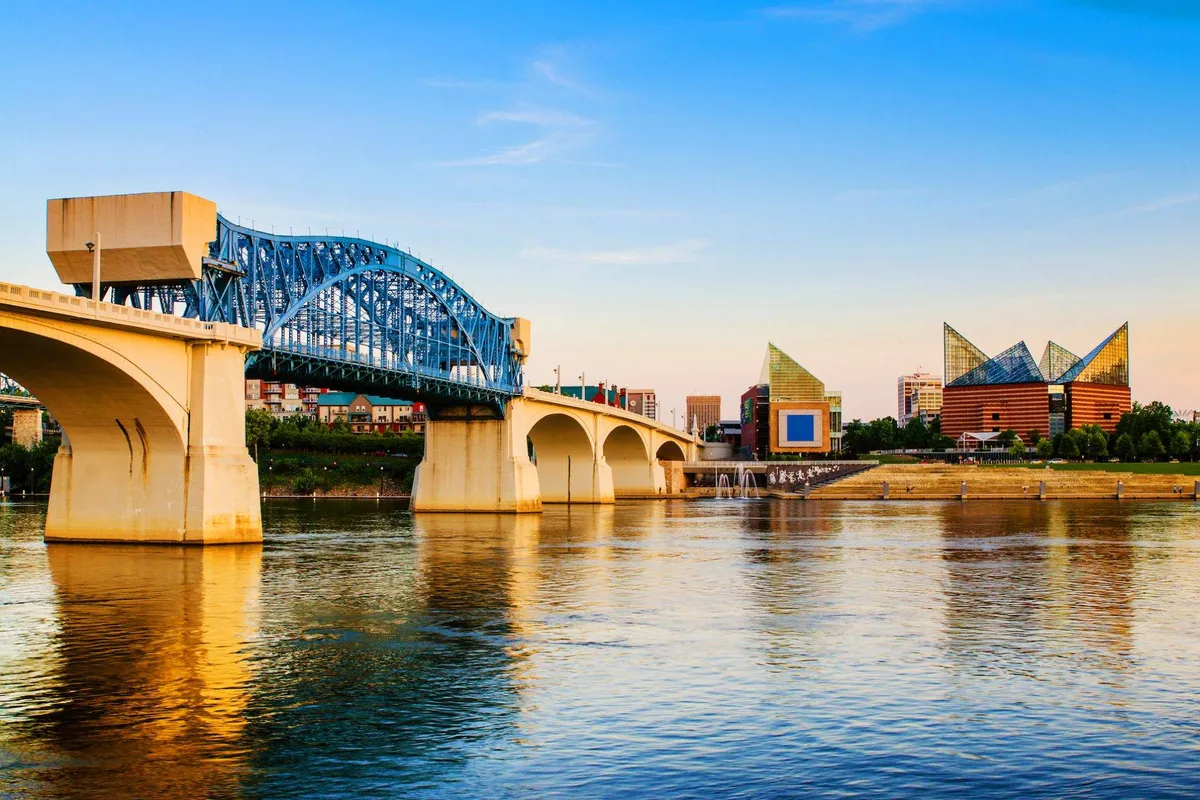 A serene view of Chattanooga’s iconic blue bridge stretching across a calm river, with modern buildings and tree-lined banks in the background. The scene suggests inviting pathways for walking and open skies, perfect for enjoying the outdoors with a pet.