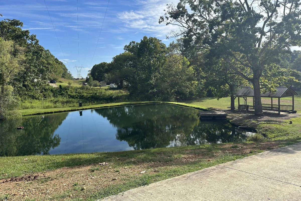 The image showcases a serene pond surrounded by lush greenery, with a charming gazebo nestled at the water’s edge. The tranquil setting is perfect for relaxing, fishing at dawn, or enjoying sunset views, inviting guests to connect with nature and unwind.